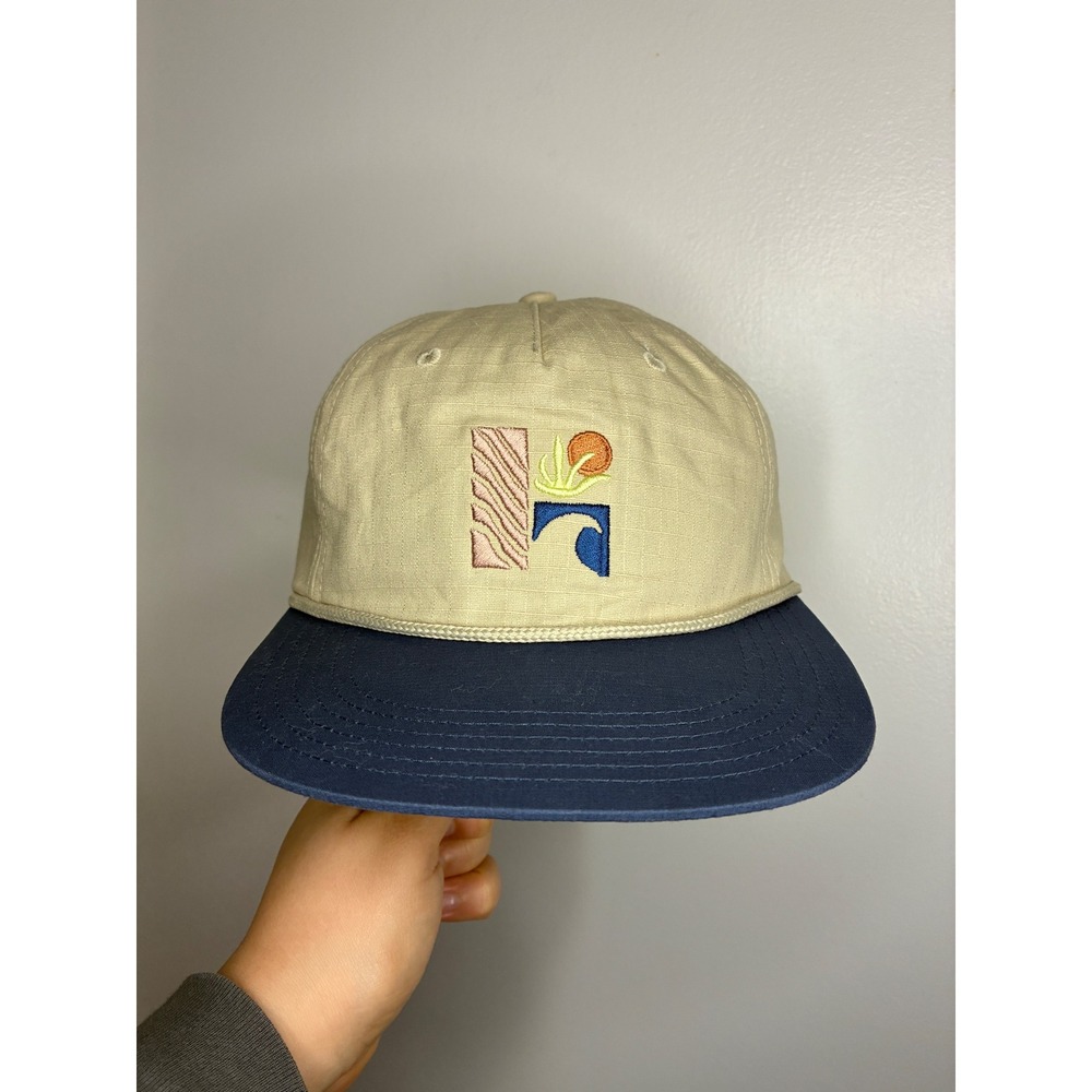 American Eagle Hat Mens OS Beige Navy Wave Sun Embroidered Ripstop Rope Snapback